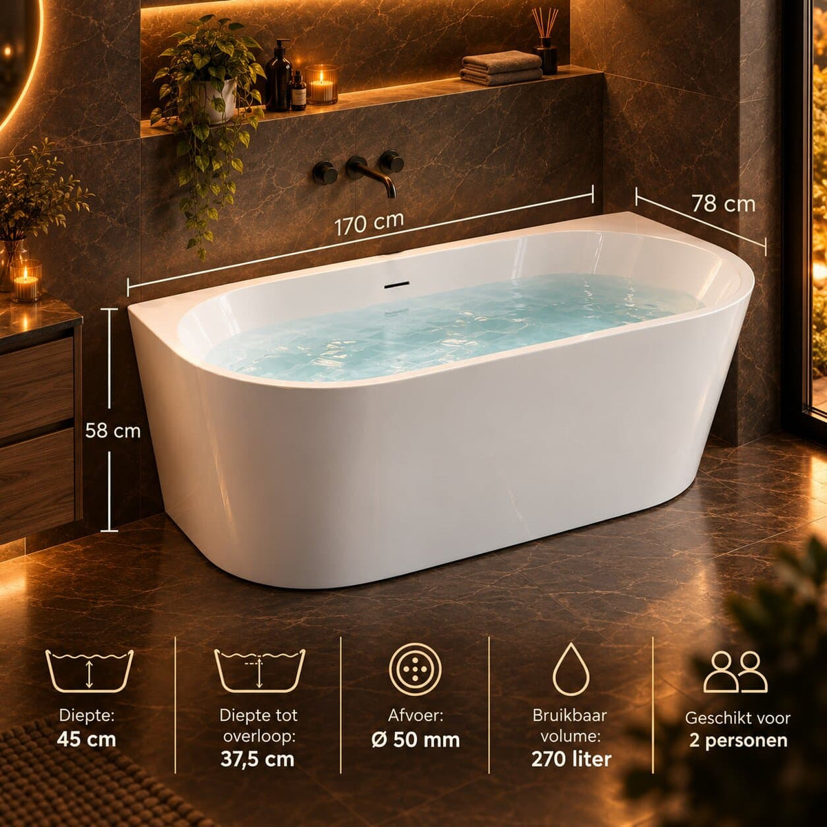 ALONI Halfvrijstaand Bad 170×78 cm – Glanzend Wit | Incl. Afvoer & Clickwaste