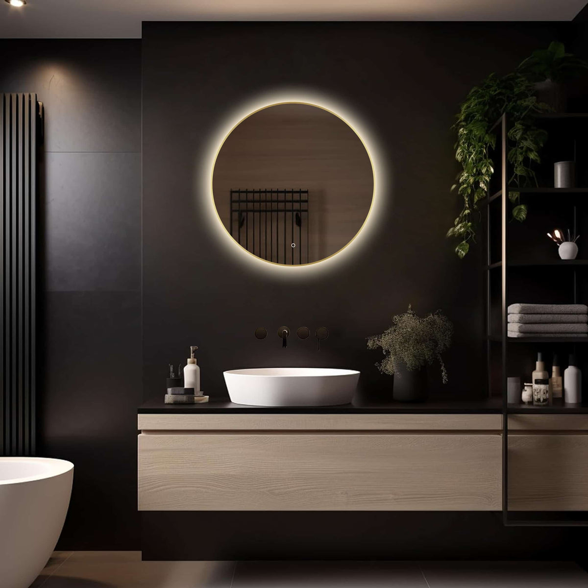 Badkamerspiegel Aurora 70×70, met Gouden Lijst licht variant 2
