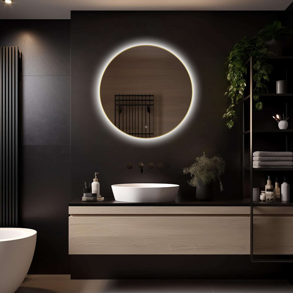 Badkamerspiegel Aurora 80×80, met Gouden Lijst licht variant 1