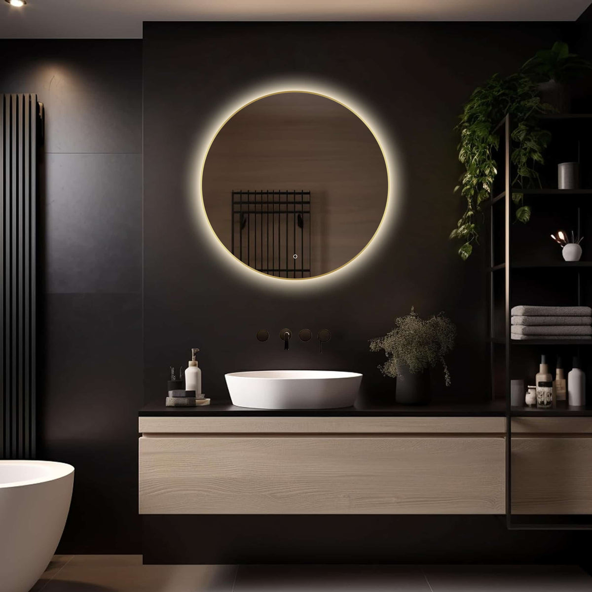 Badkamerspiegel Aurora 80×80, met Gouden Lijst licht variant 2