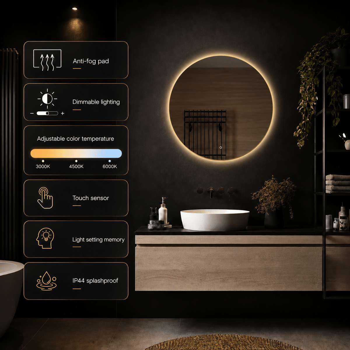 Badkamerspiegel Aurora met Gouden Lijst, anti condens specs