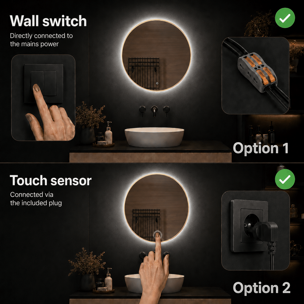 Badkamerspiegel Aurora met Gouden Lijst, anti condens wall switch