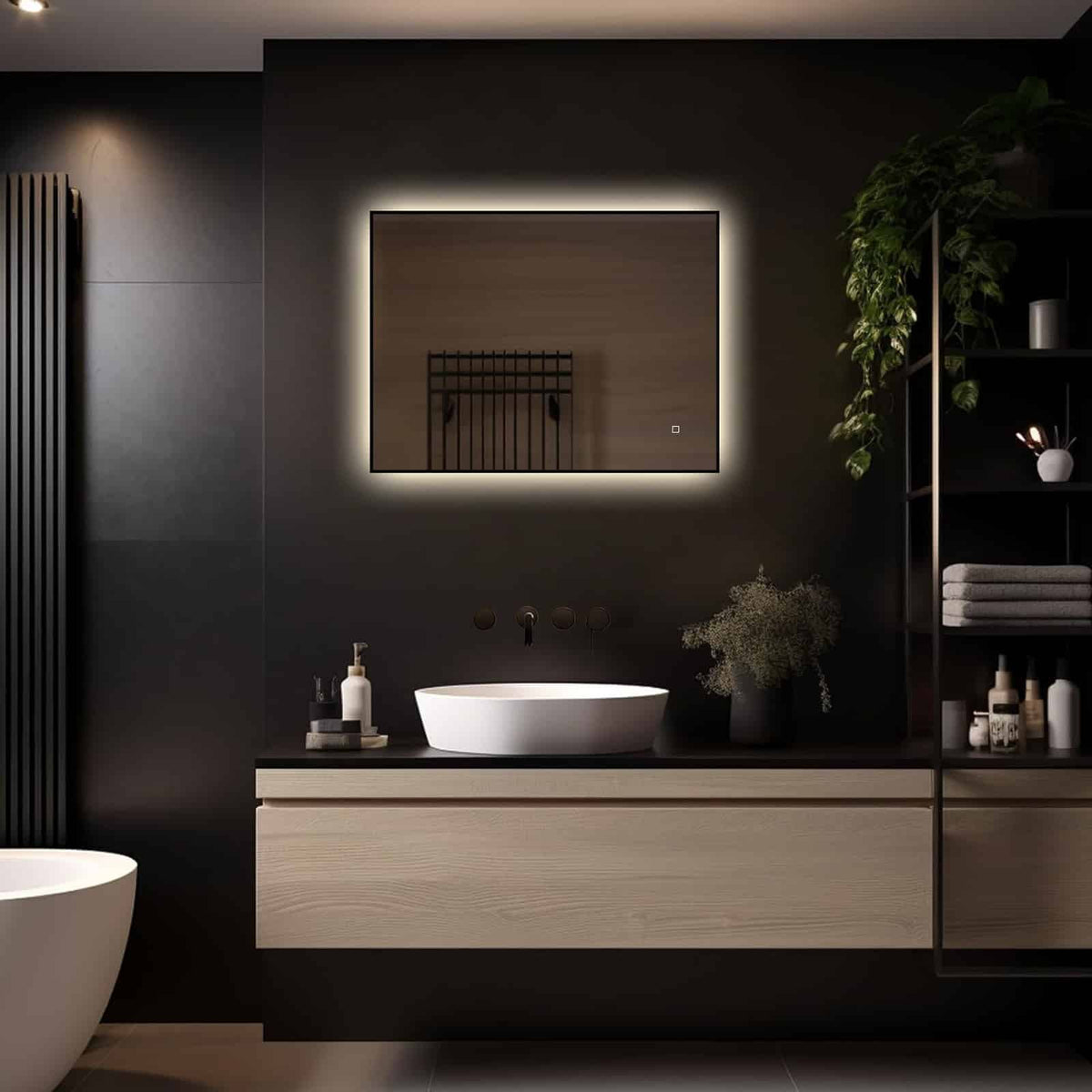 Badkamerspiegel Sorento 80x60, met zwarte lijst, licht variant 2