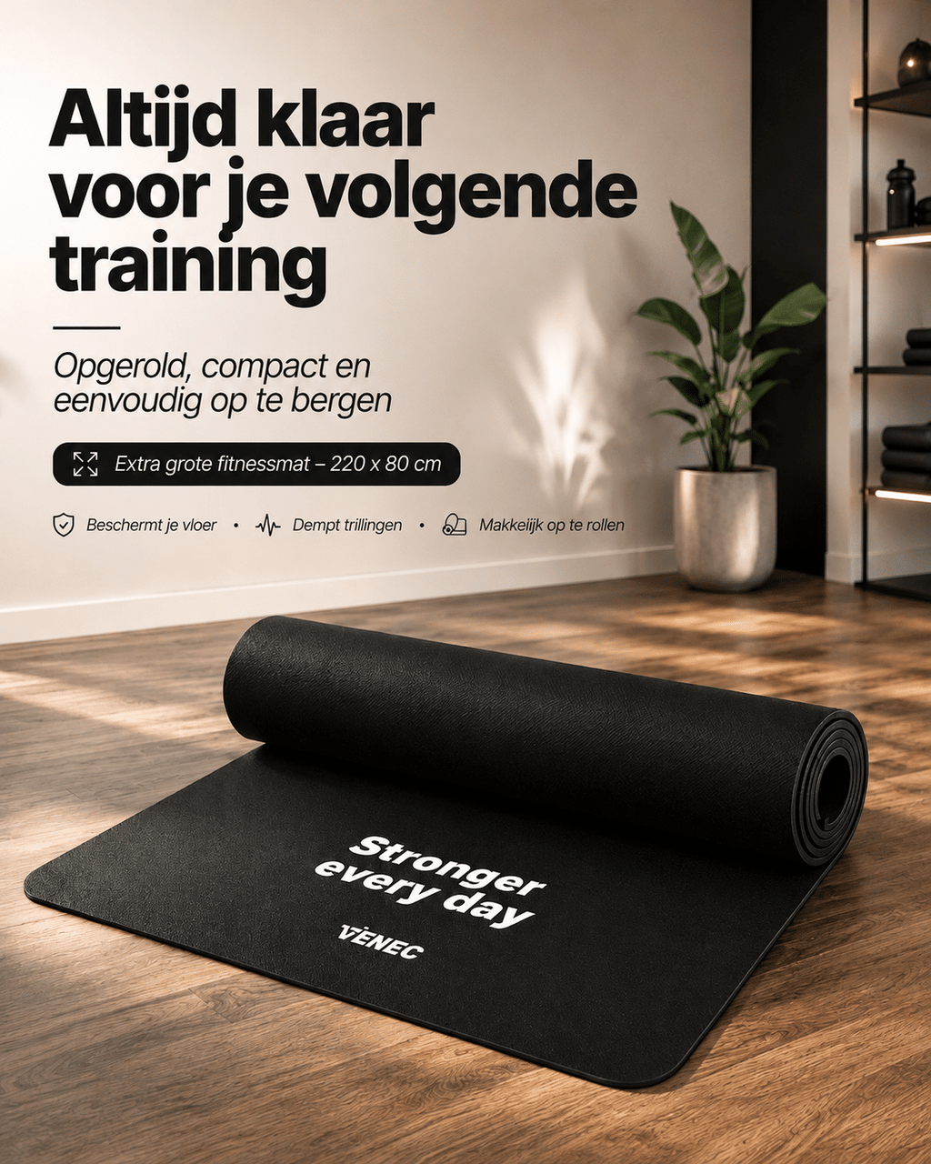 Beschermmat 220x80 cm van Venec – Geluiddempende Fitnessmat voor Loopband & Fitnessapparatuur dikte opgerold