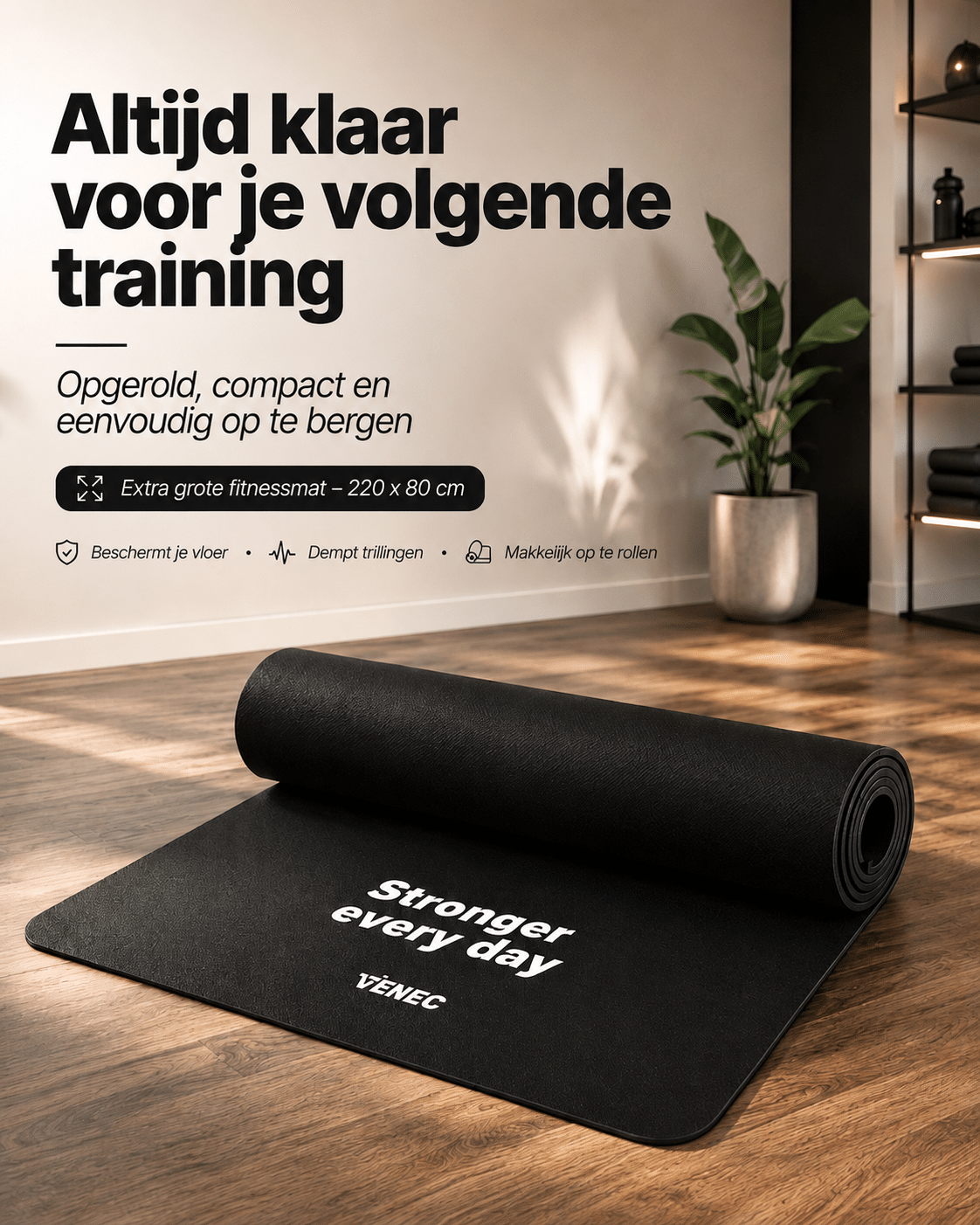 Beschermmat 220x80 cm van Venec – Geluiddempende Fitnessmat voor Loopband & Fitnessapparatuur dikte opgerold