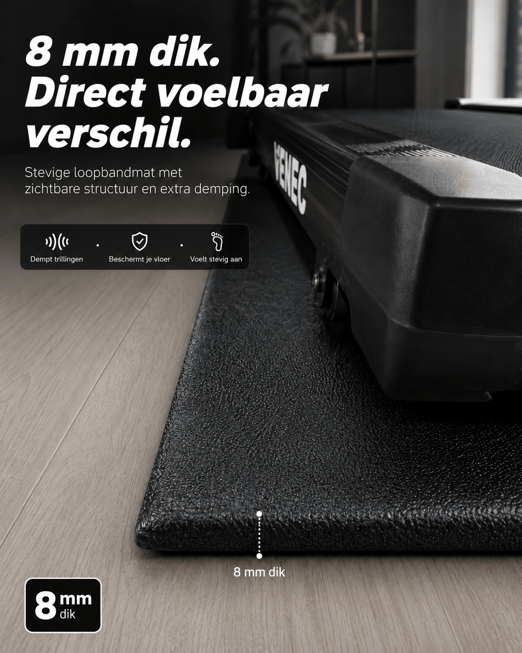 Beschermmat 220x80 cm van Venec – Geluiddempende Fitnessmat voor Loopband & Fitnessapparatuur dikte