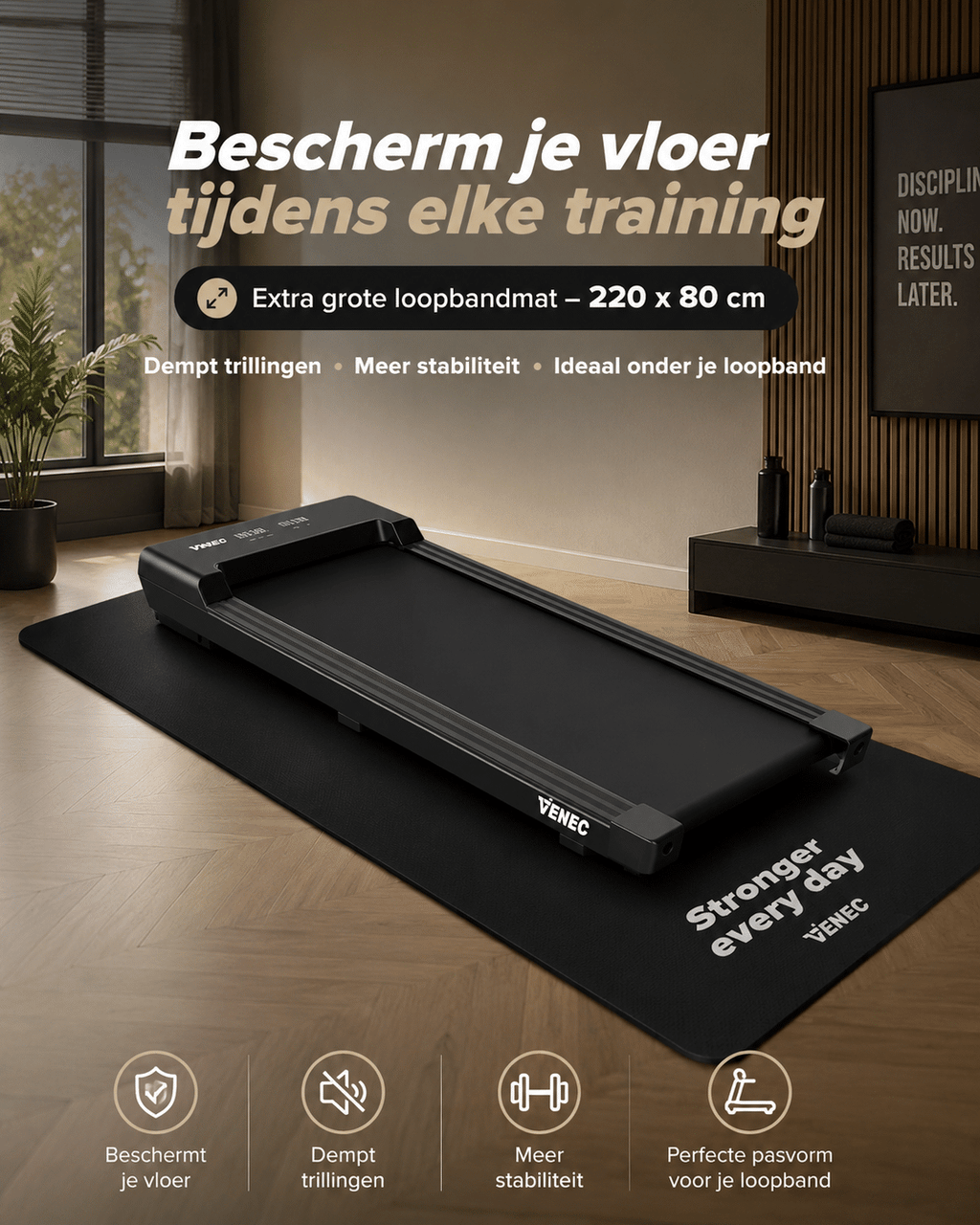 Beschermmat 220x80 cm van Venec – Geluiddempende Fitnessmat voor Loopband & Fitnessapparatuur