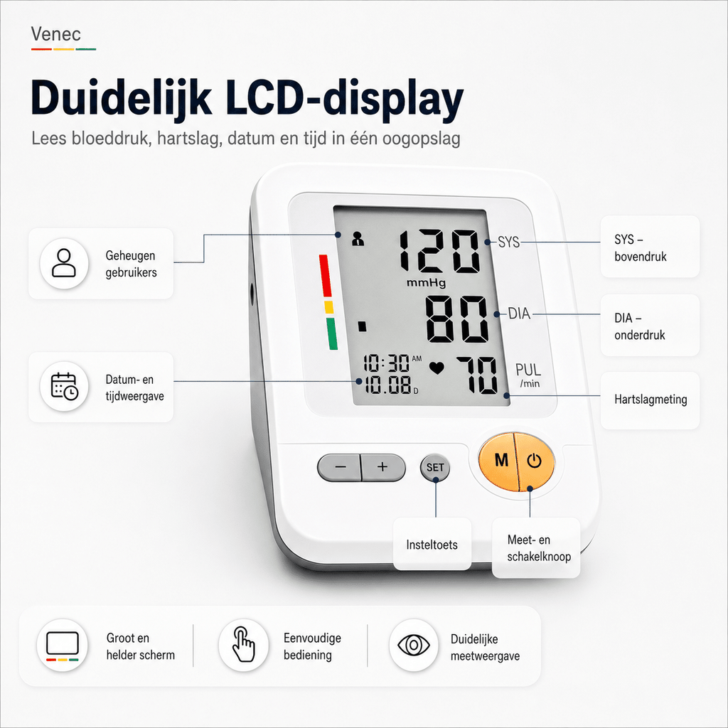 Bloeddrukmeter BP-103H van Venec – Automatische Bovenarm Bloeddrukmeter met LCD Display achterkant functies uitlge