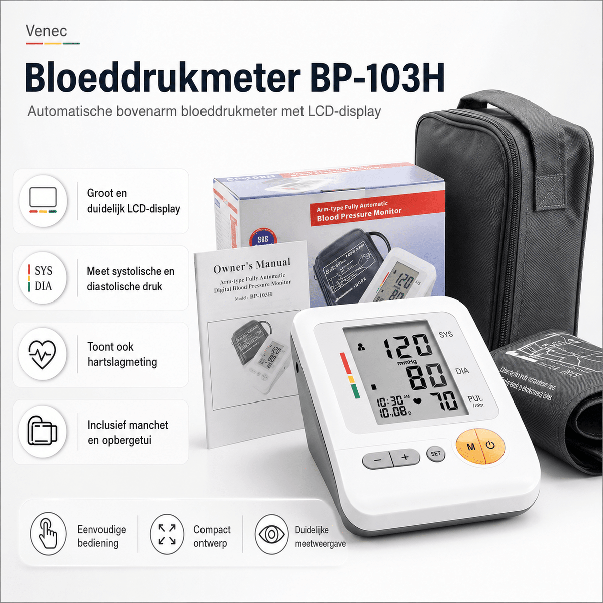 Bloeddrukmeter BP-103H van Venec – Automatische Bovenarm Bloeddrukmeter met LCD Display - sales