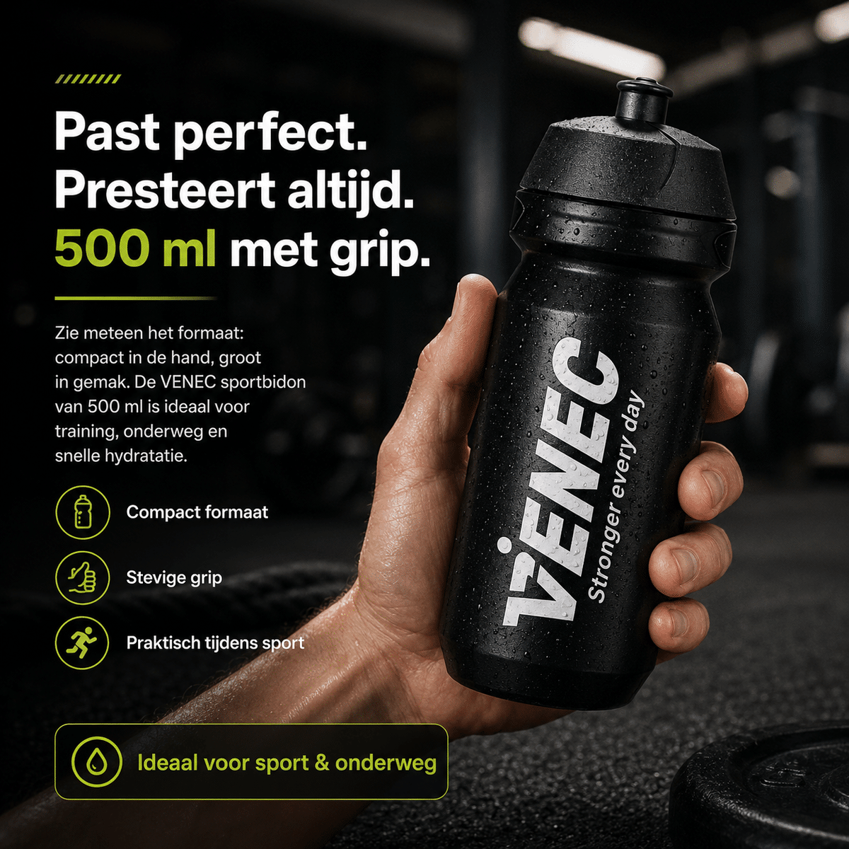 Venec Bidon 500 ml – BPA-vrije Sportbidon met Lekvrije Dop schuin hand
