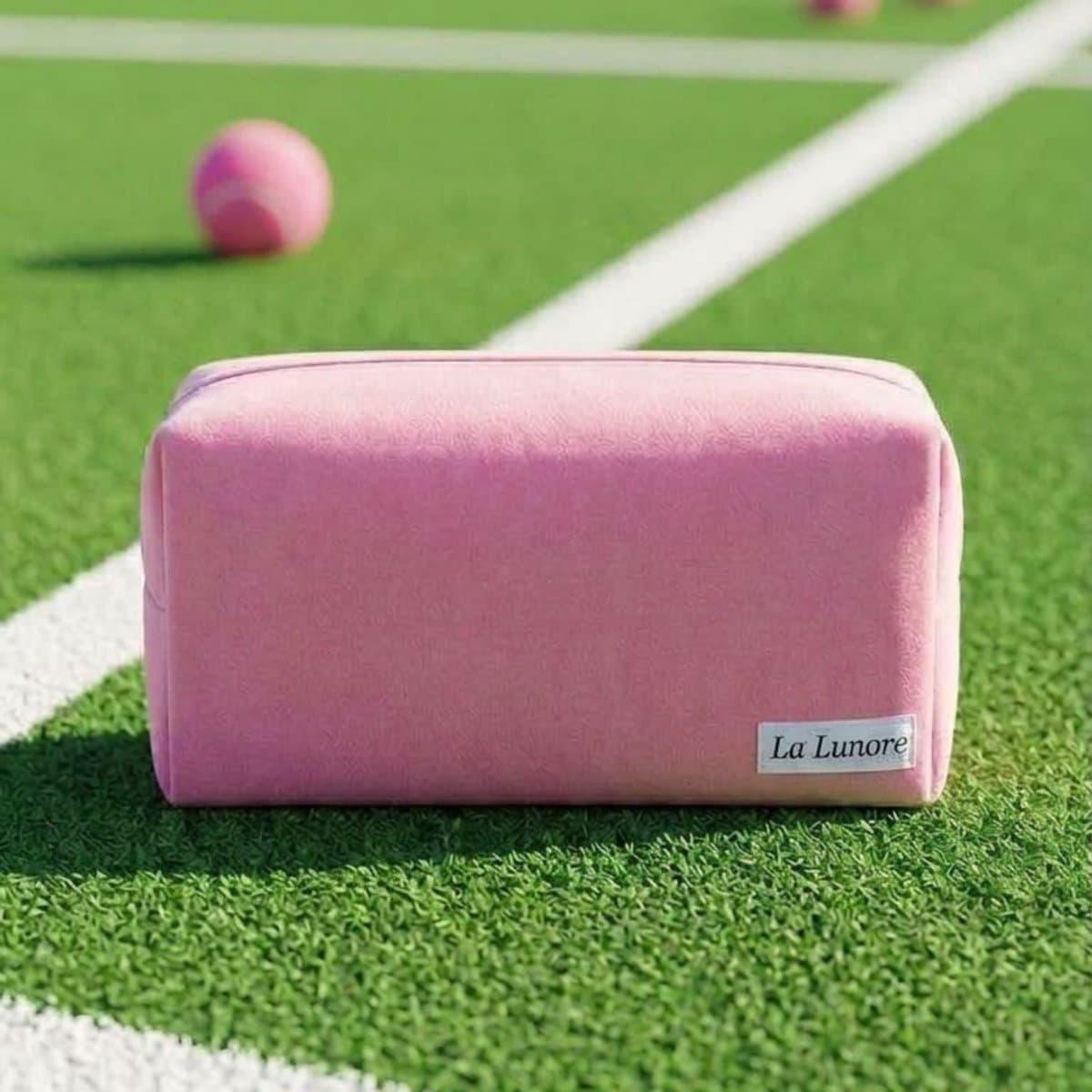 Roze La Lunore Bubblegum toilettas op groen kunstgras met witte lijnen