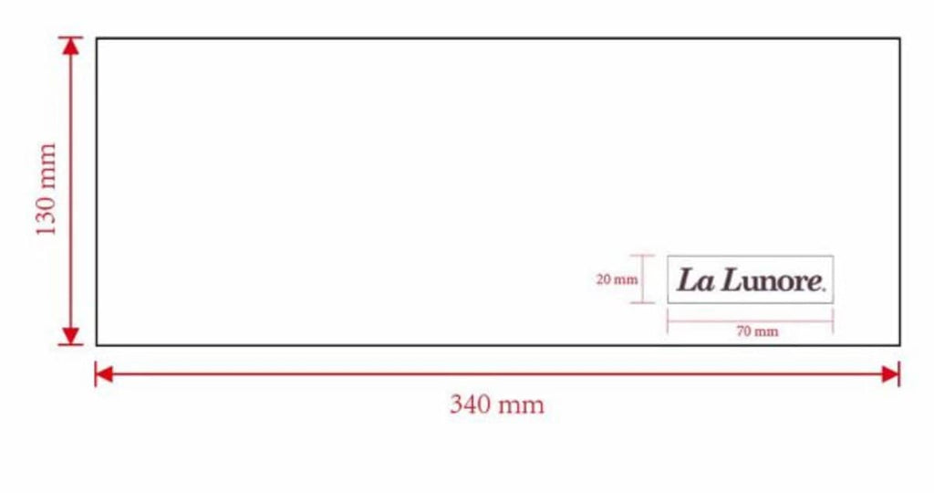 Technische tekening van de La Lunore verpakking met afmetingen 130 mm hoog en 340 mm breed.
