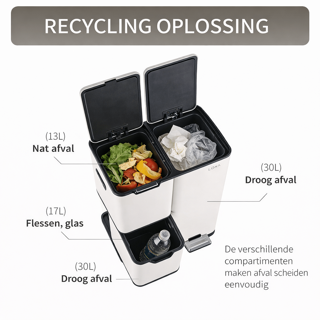 pedaal prullenbak 60 liter crème met afvalscheiding