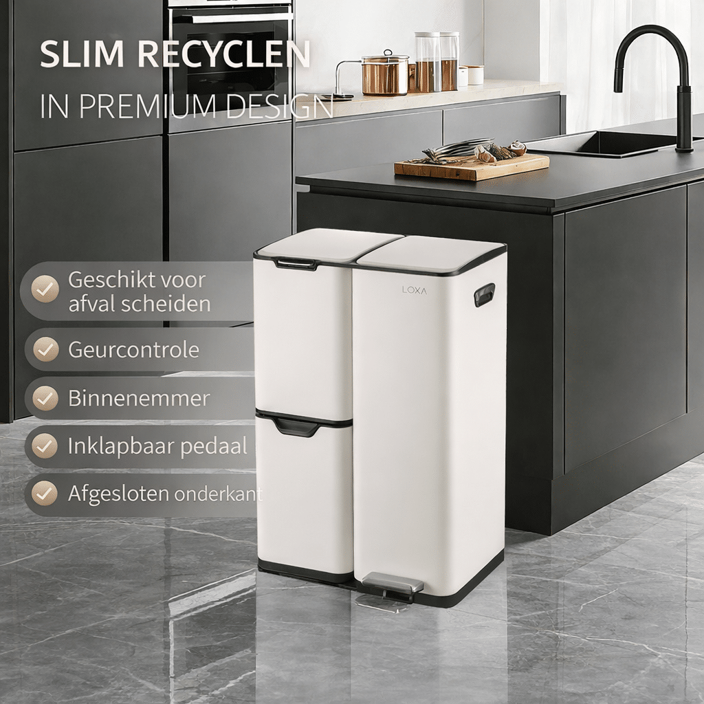 Prullenbak Cairo 60L Crème – Afvalscheiding met 3 Compartimenten